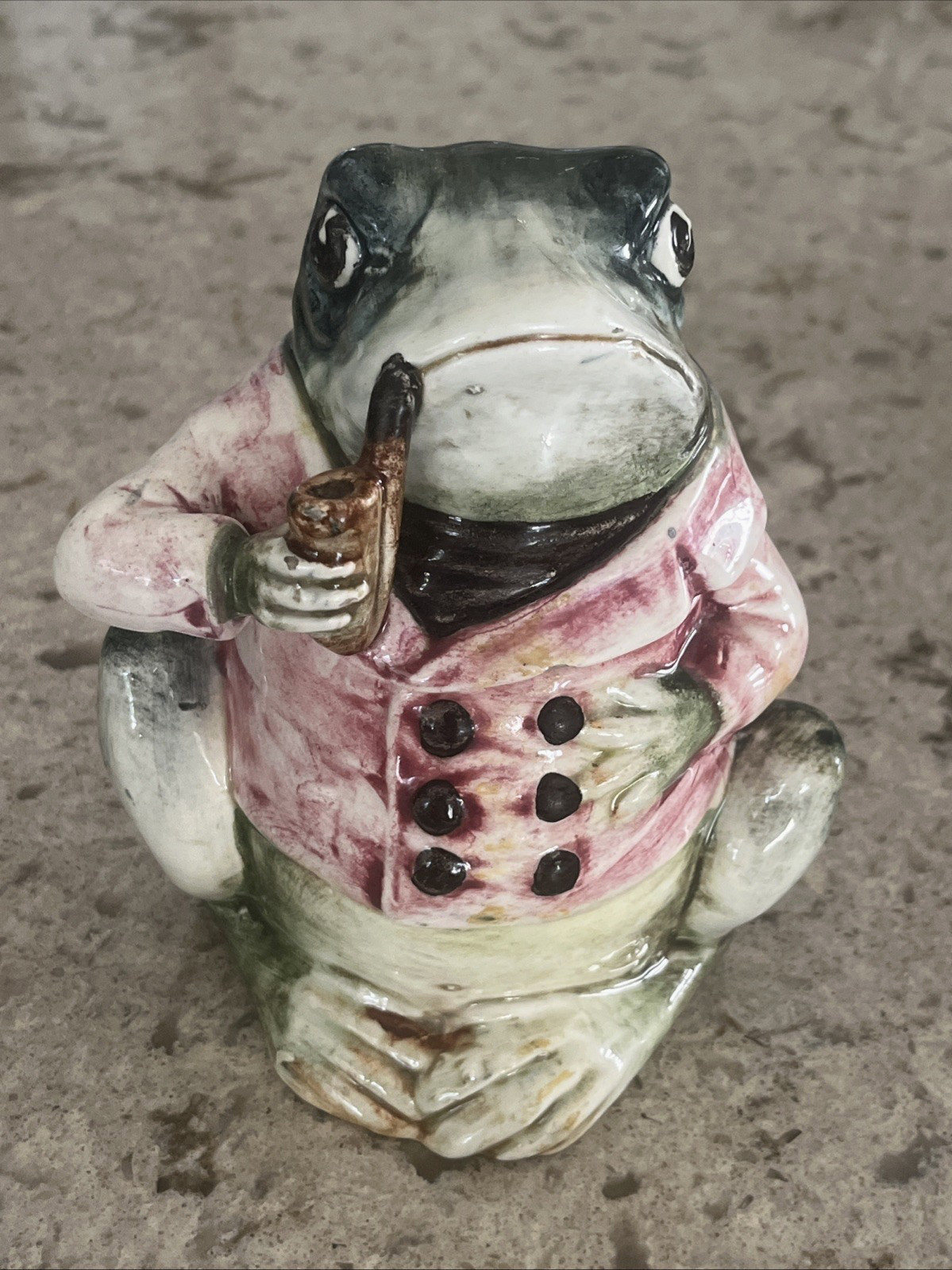 Vintage Majolica Figural Frog w/ Pipe Tobacco Jar Humidor