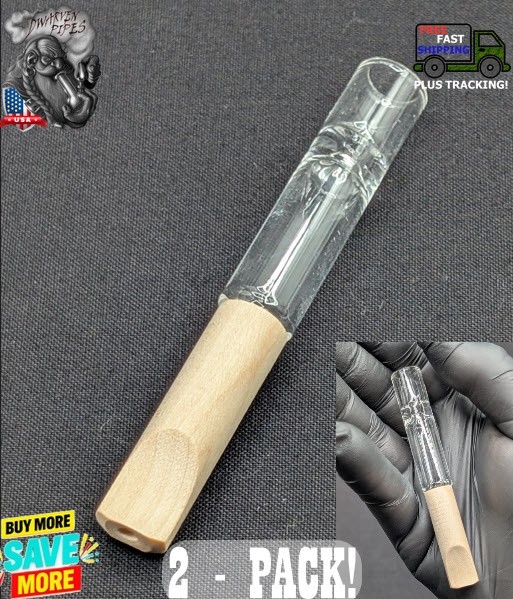 2 Pack: 3.5″ Glass Tobacco Pipes – Glass One Hitter with Wood Mouth Piece