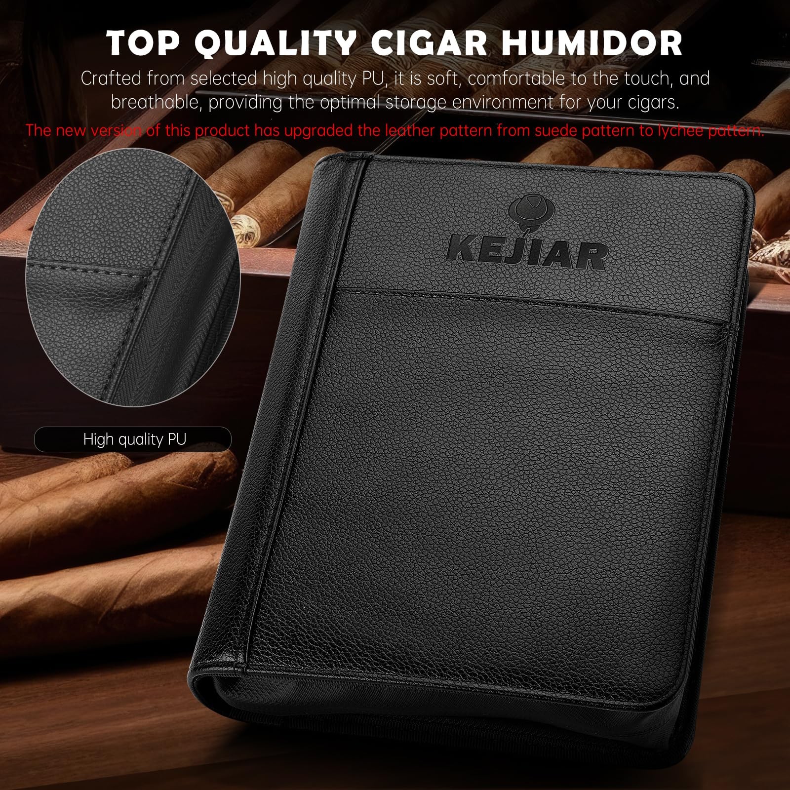 Portable Leather Cigar Humidor Case with Accessories Gift Set (Black)