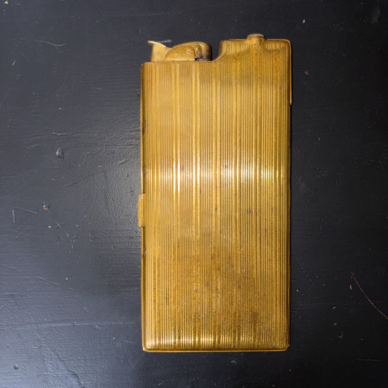 Vintage Evans Gold Tone Ribbed Cigarette Case Lighter 7×3.5 Sparks Art Deco