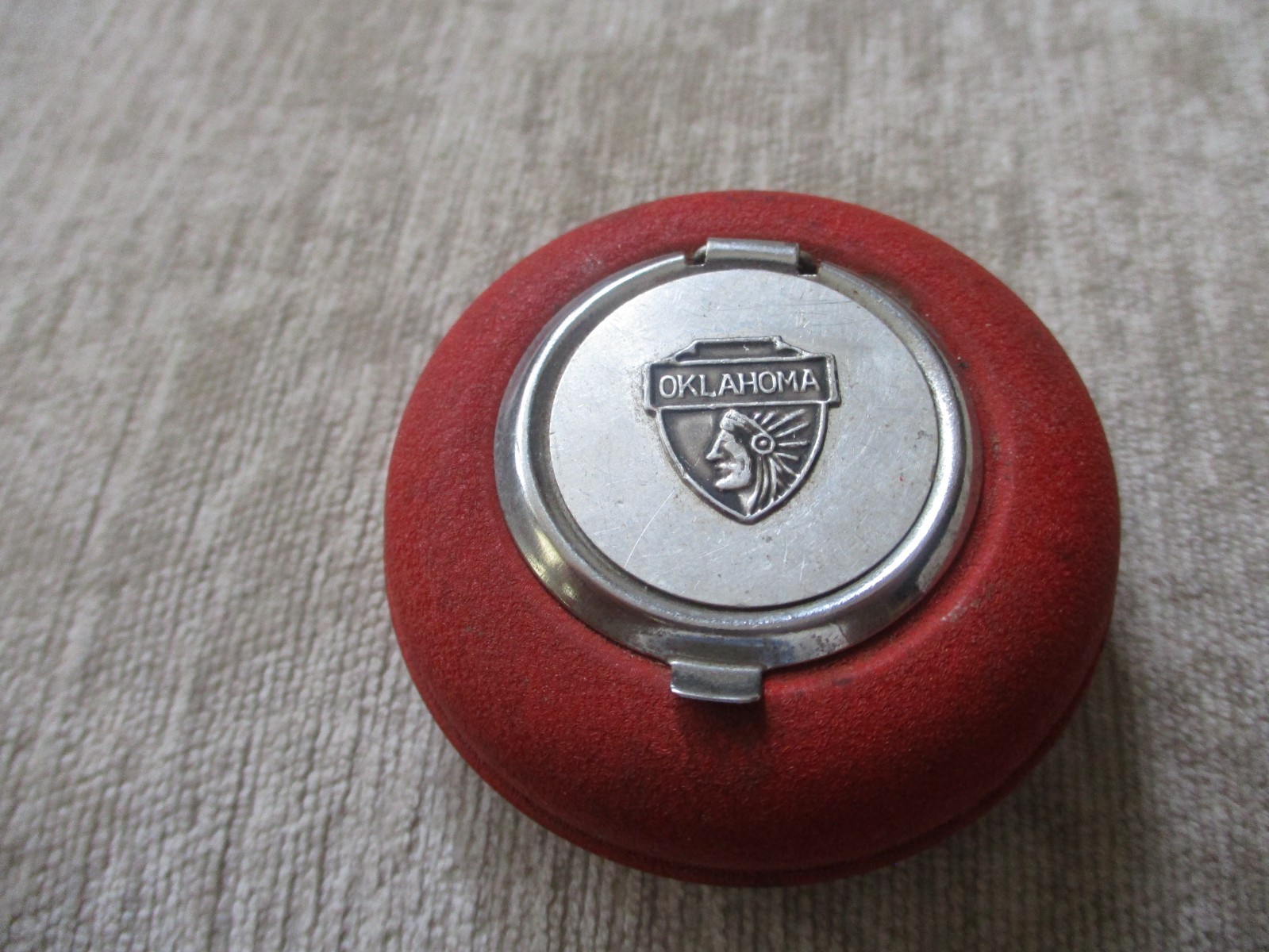Vtg Small Portable Pocket Red METAL Ashtray with Cigarette Rest Oklahoma Shield