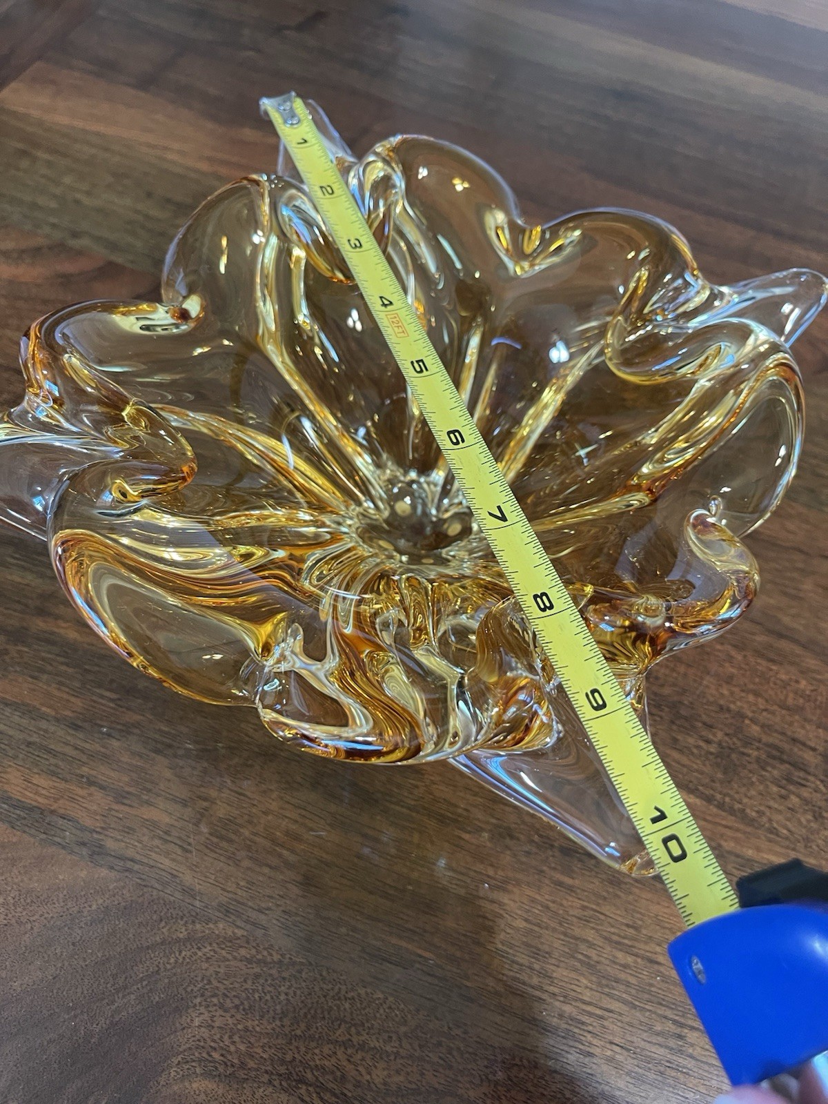 Vintage Chalet Amber & Clear Glass Ruffled Flower Ashtray 10″ Long x 4″ Tall
