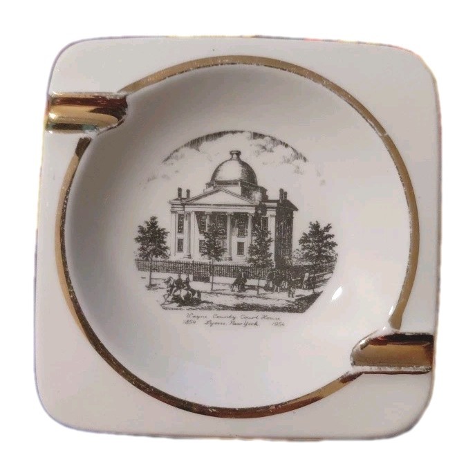 Vintage 1954 Wayne County Courthouse Lyons NY Centennial Ceramic Ashtray 4in.