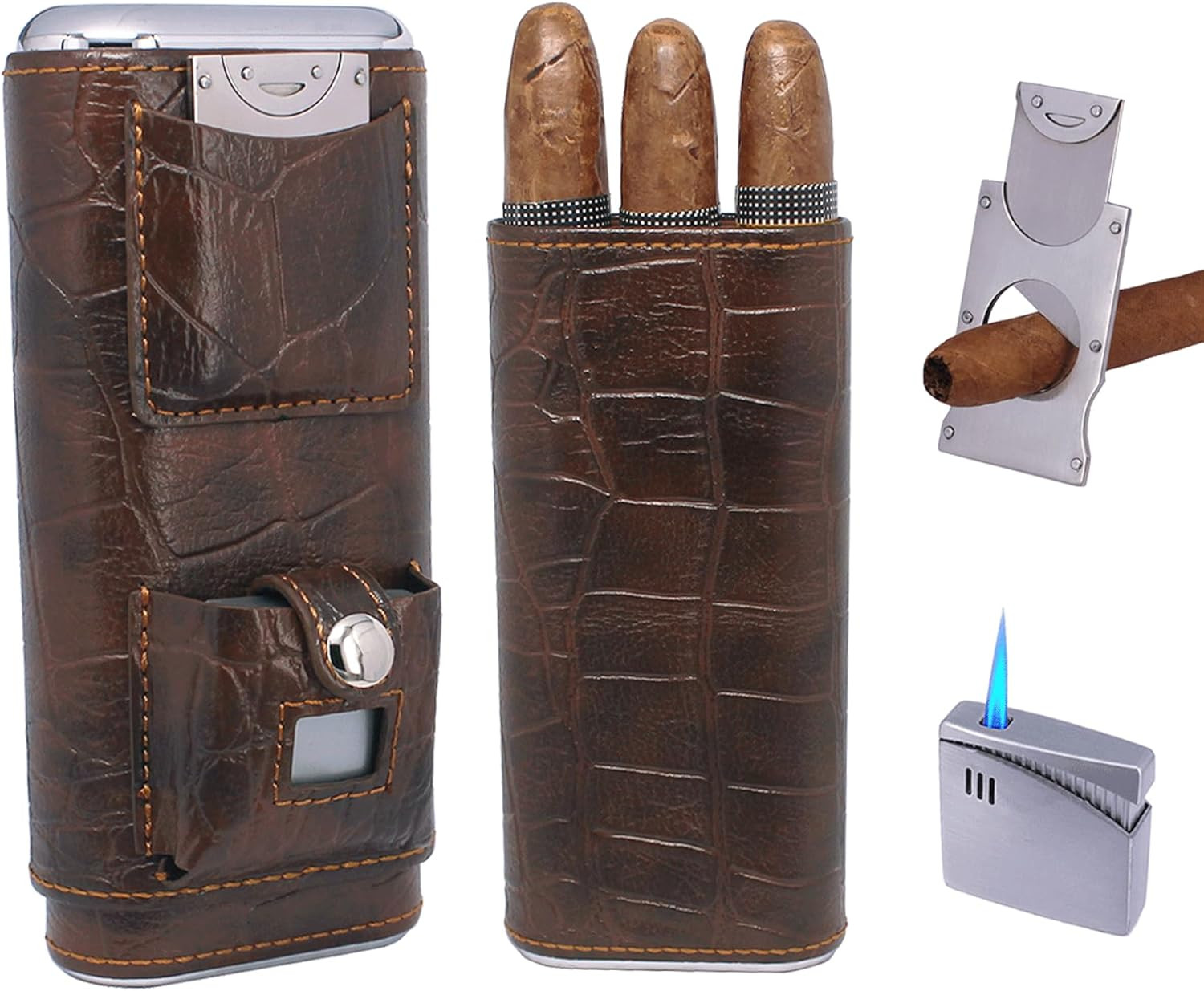 AMANCY Luxury 3 Holder Classy Black Brown Crocodile Pattern Leather Cigar Humido