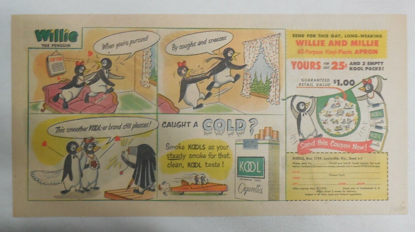 Willie The Penguin Kool Cigarette Ad: Apron Premium 1950’s Size: 7.5 x 15 inches