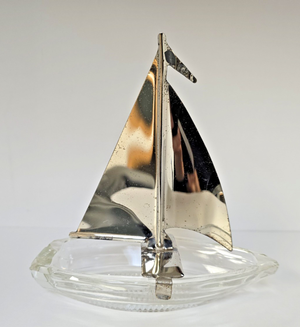 Vintage Sailboat Ashtray Clear Glass Boat Chrome Metal Sail Nautical Decor