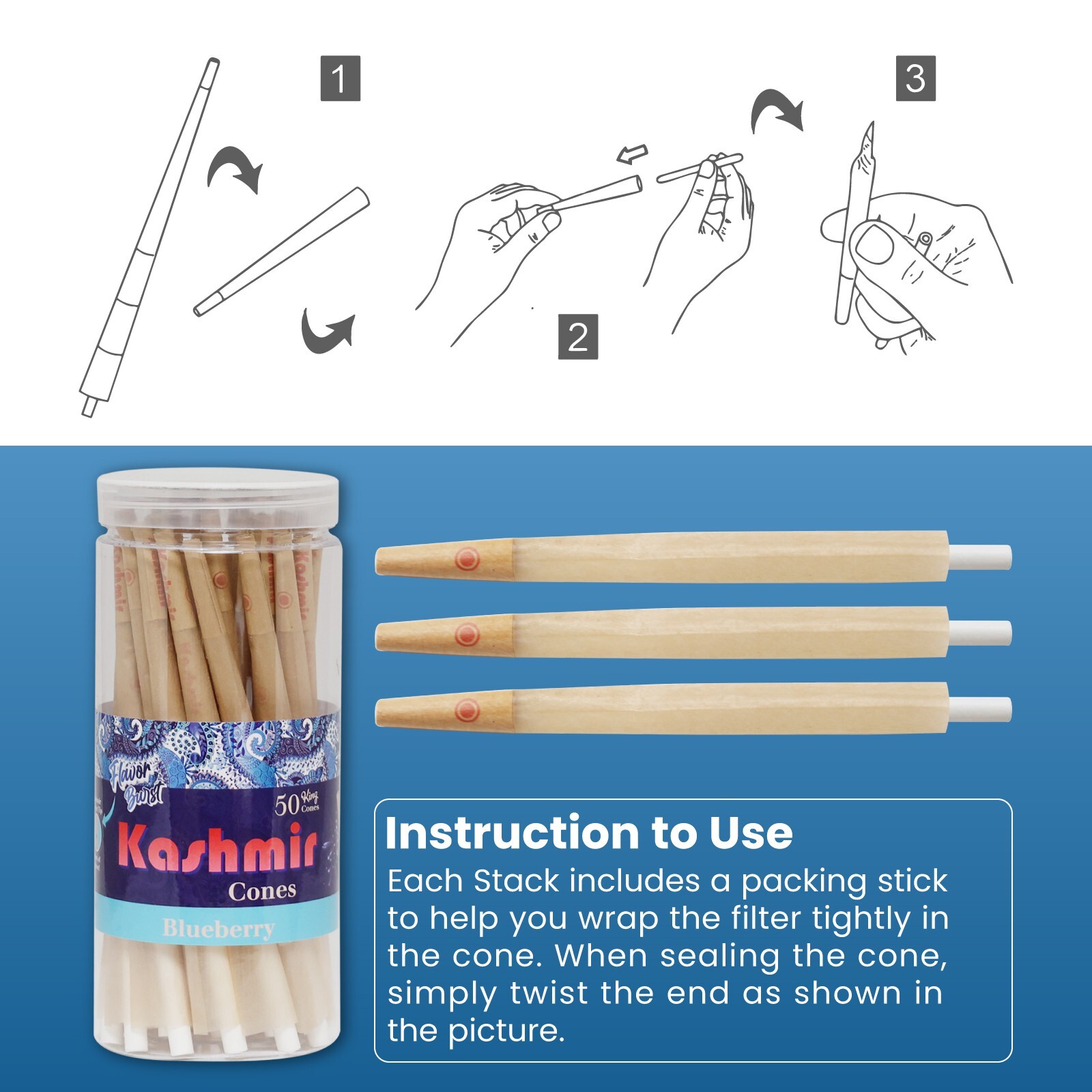Kashmir Pre Rolled Cones Blueberry Flavored 1 1/4 Rolling Papers Cones 25 Ct Jar