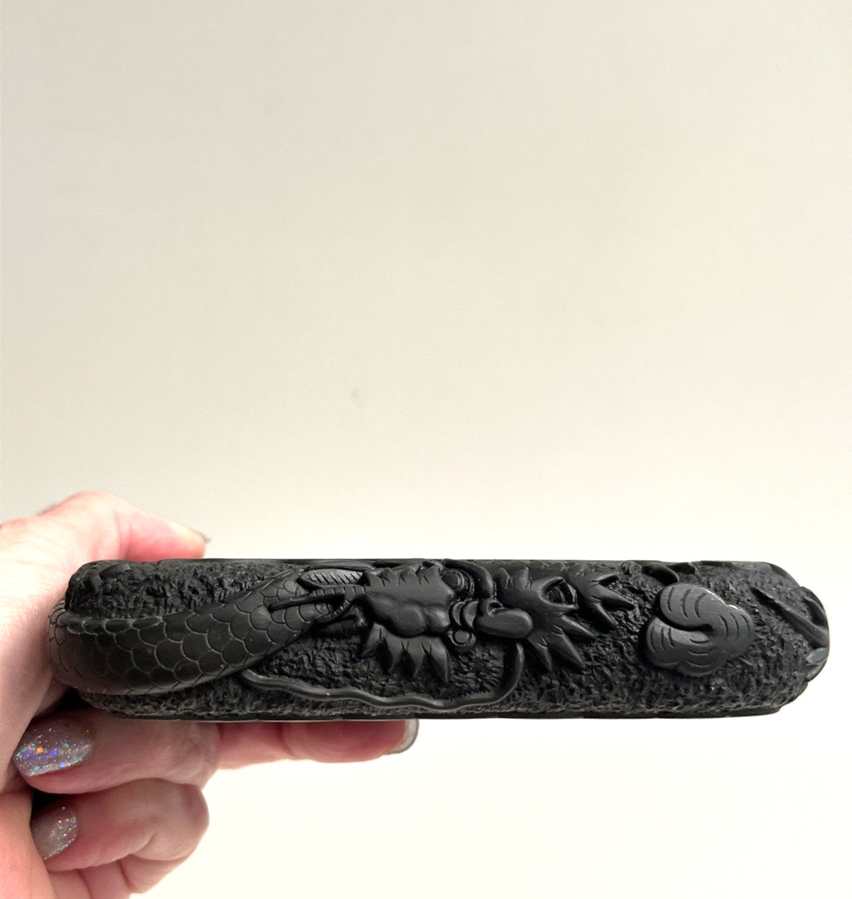 Vintage Heavy Chinese Asian Carved Black Slate Lava? Dragon Ashtray L@@k!