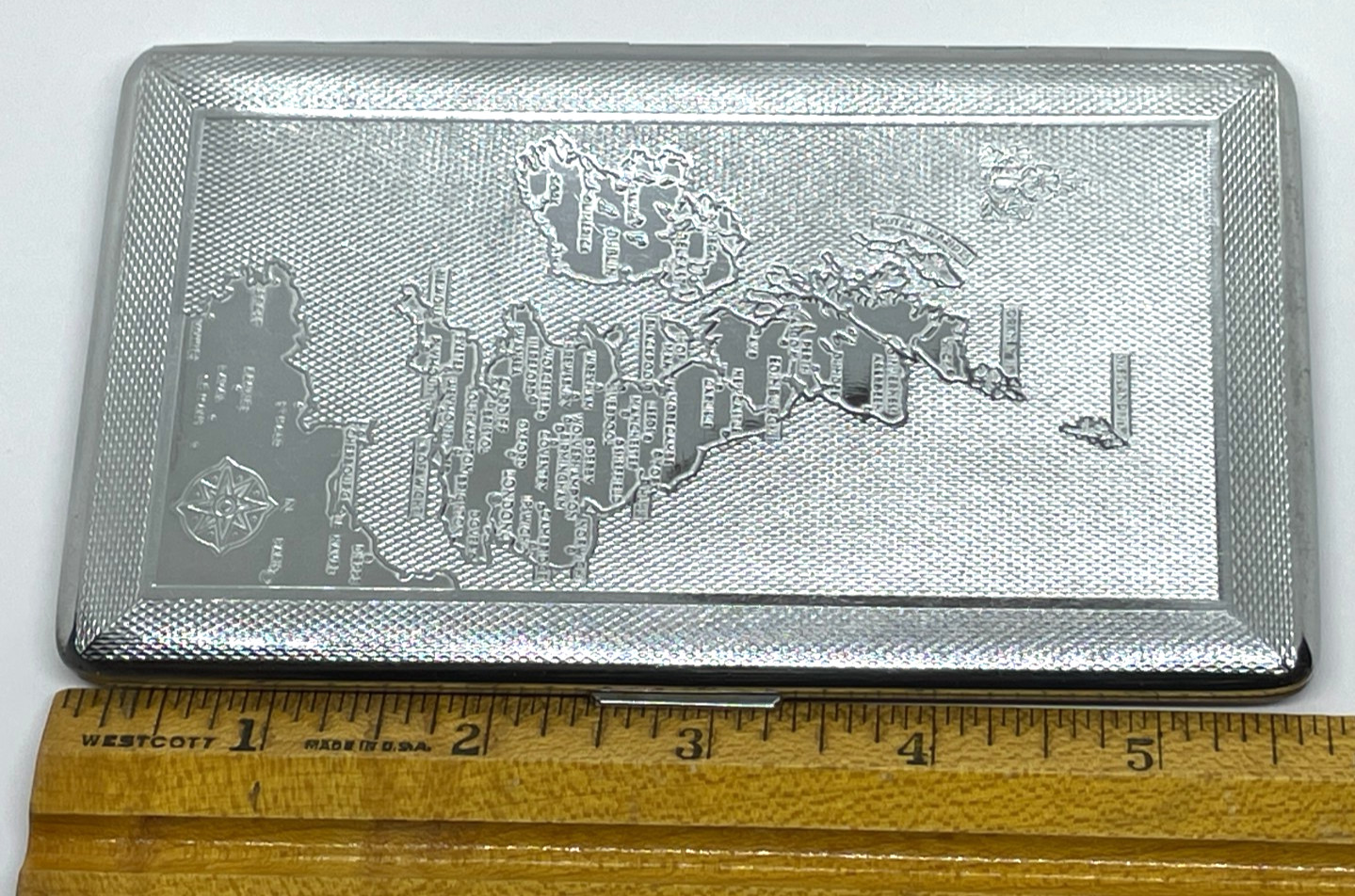 VTG MAYELL Silver/Chrome Cigarette Case Map England Ireland Scotland France UK