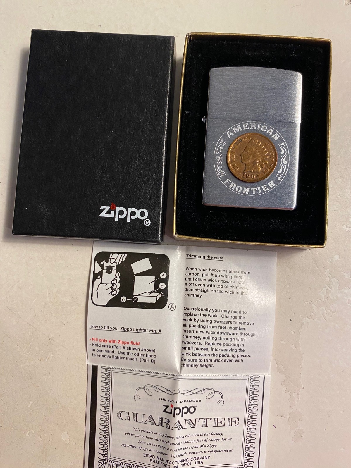 VINTAGE 1995 AMERICAN FRONTIER ZIPPO LIGHTER – 1902 INDIAN CENT BOX +INSERT NEW