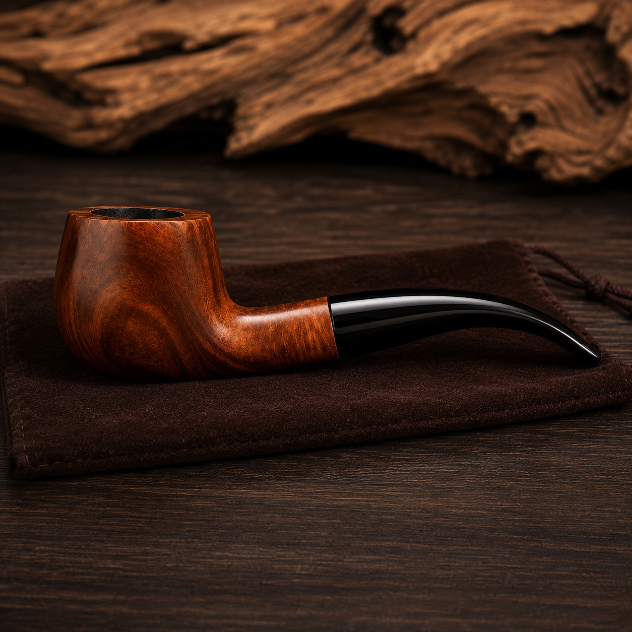 Classic Bent Wooden Smoking Pipe with Glossy Black Curved Stem Natural Wood Grai