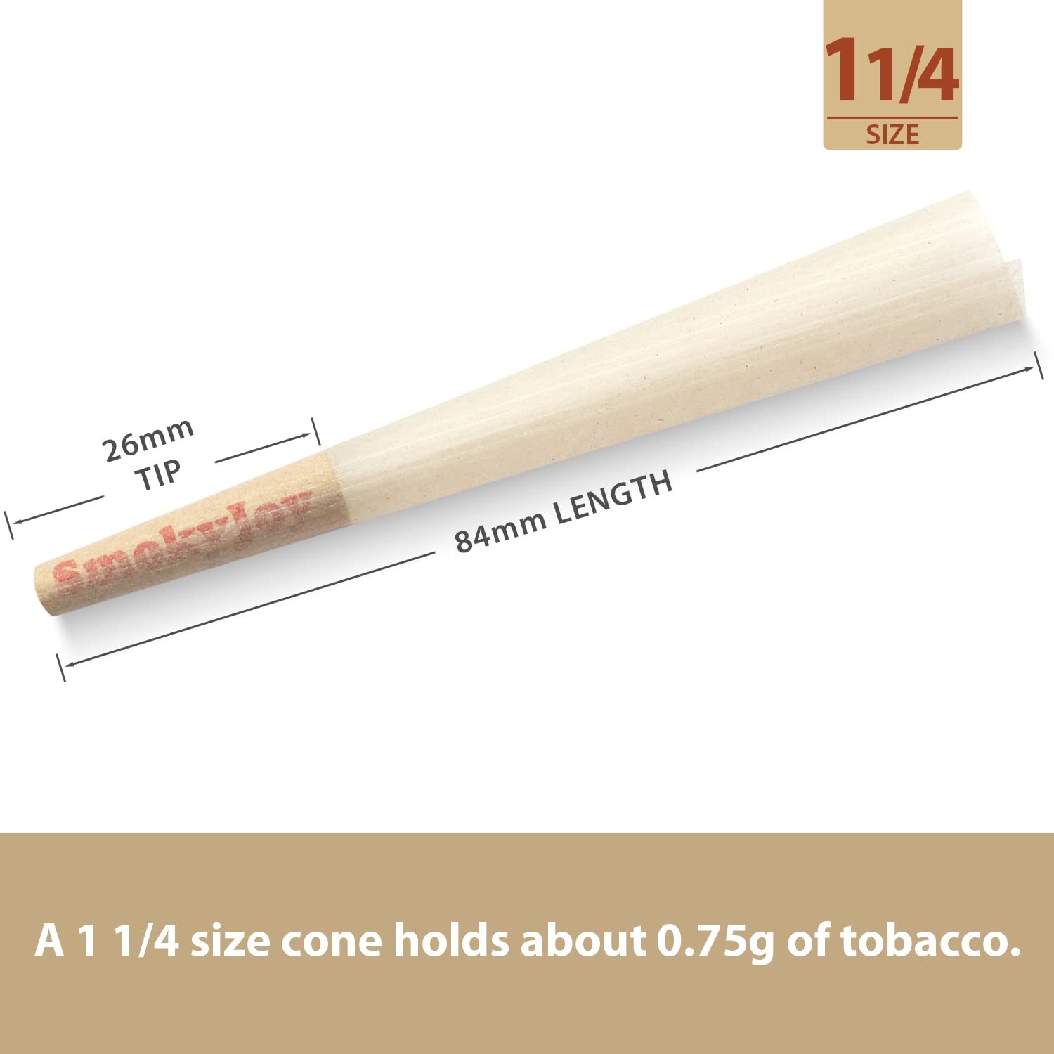 SmokyJoy 100 Pack 1 1/4 Size Cones Rolling Papers Pre Rolled 1 1/4, Light tan