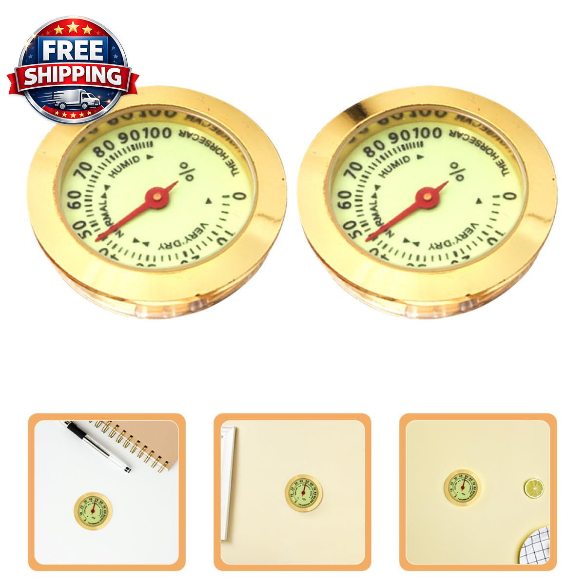 2Pcs Small Mechanical Analog Hygrometer for Cigar Humidor with Luminous Dial, Ac