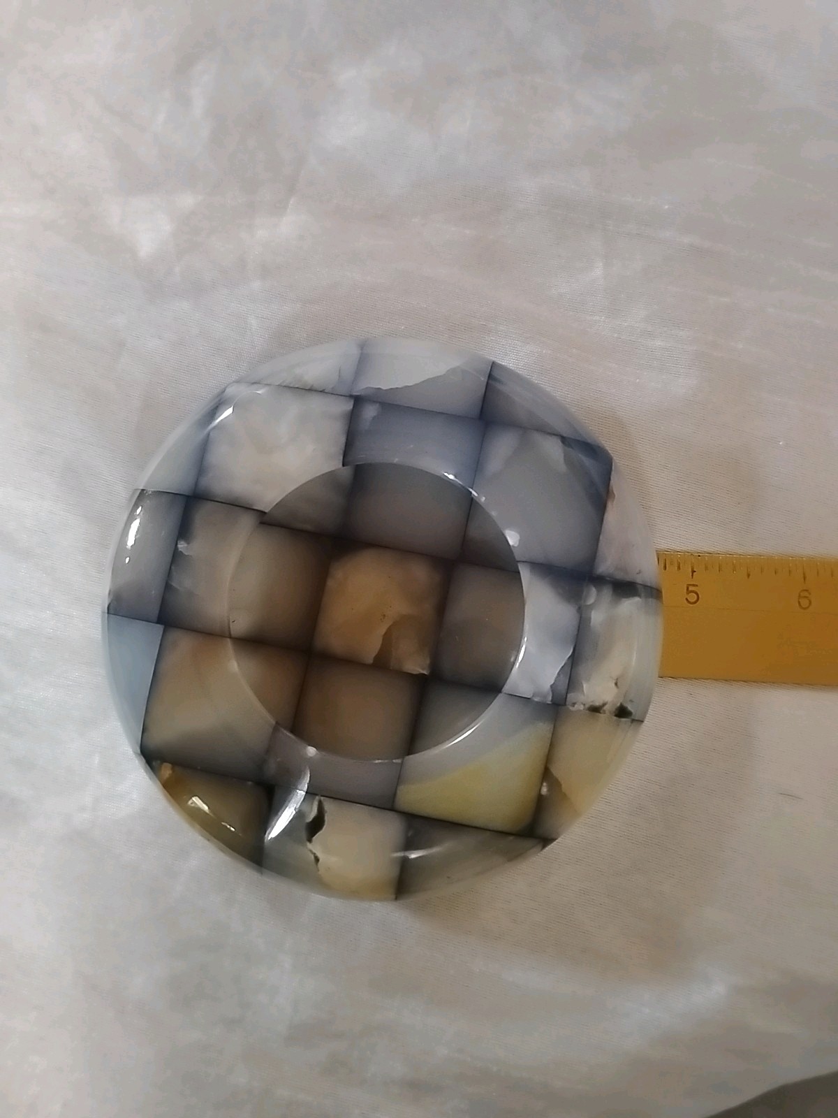 Vintage 1950s Checkerboard Italian Onyx Marble Polished Round Ashtray Decor