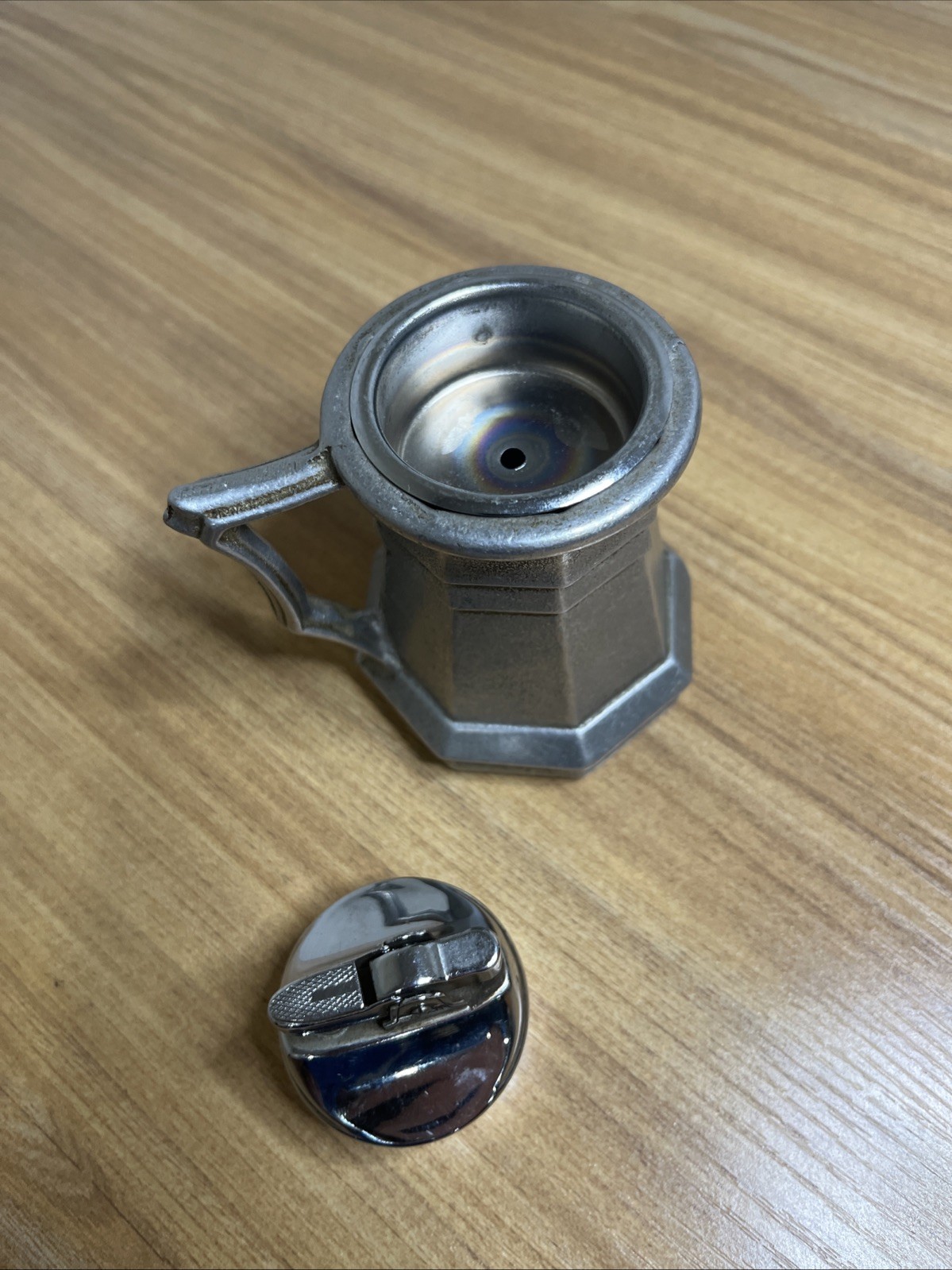 Vintage Silver Tone Table Lighter. In Shape Of Stein. Mark Of RT On Bottom