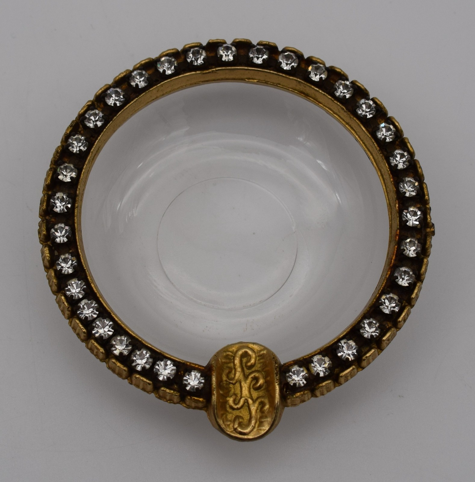 Vtg 1970’s Glass & Gold Tone Individual Ashtray with Rhinestones 3 inches #TB16