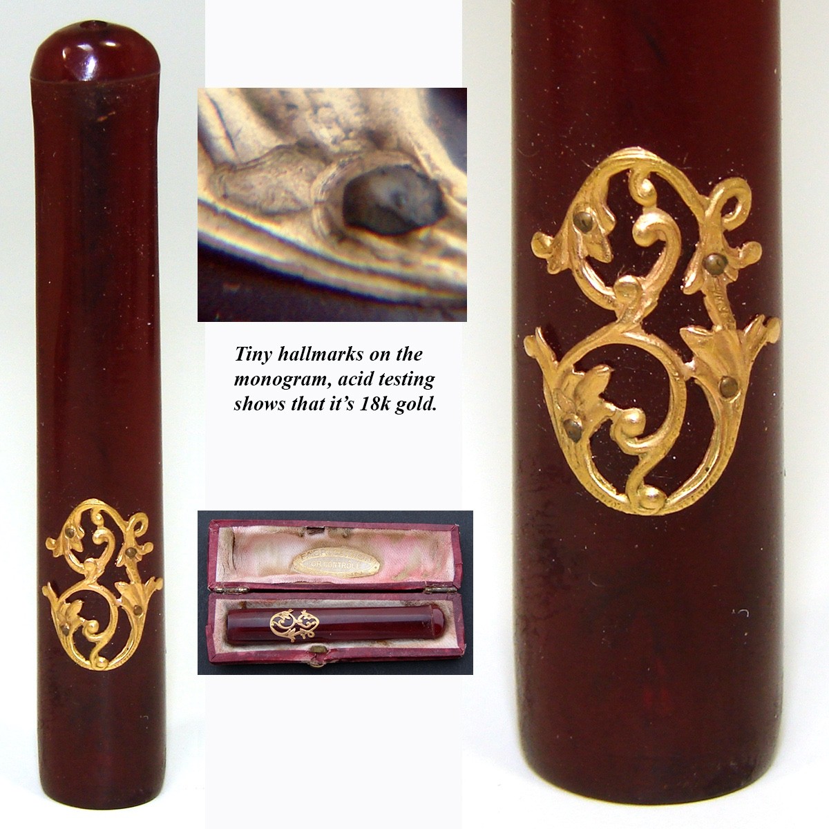 Antique French ‘Parisienne’ 18k Gold & Amber Cigar Holder in Case, 2 5/8″ Long