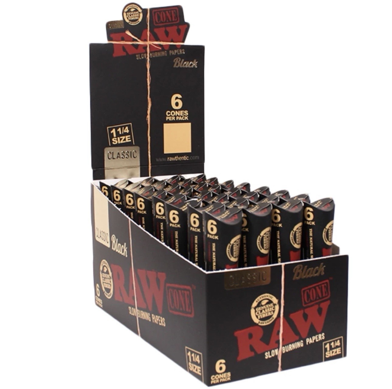 RAW Black Classic Pre-Rolled Cones 1 1/4 Size Display Box of 32 Packs (192 Cone)