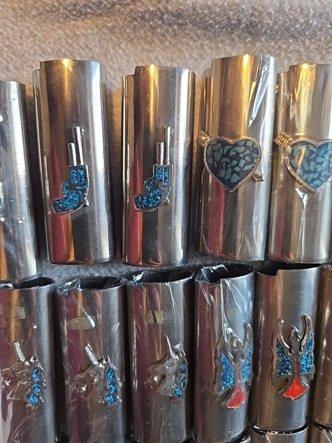 20 Vtg Lighter Case Lot HEART GUITAR UNICORN GUN Cover Holder Turquoise for Bic