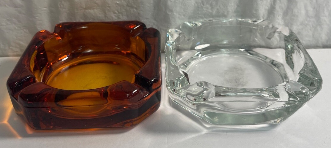 Set of 2 Square Ashtrays – Amber & Clear Glass – 3.75”