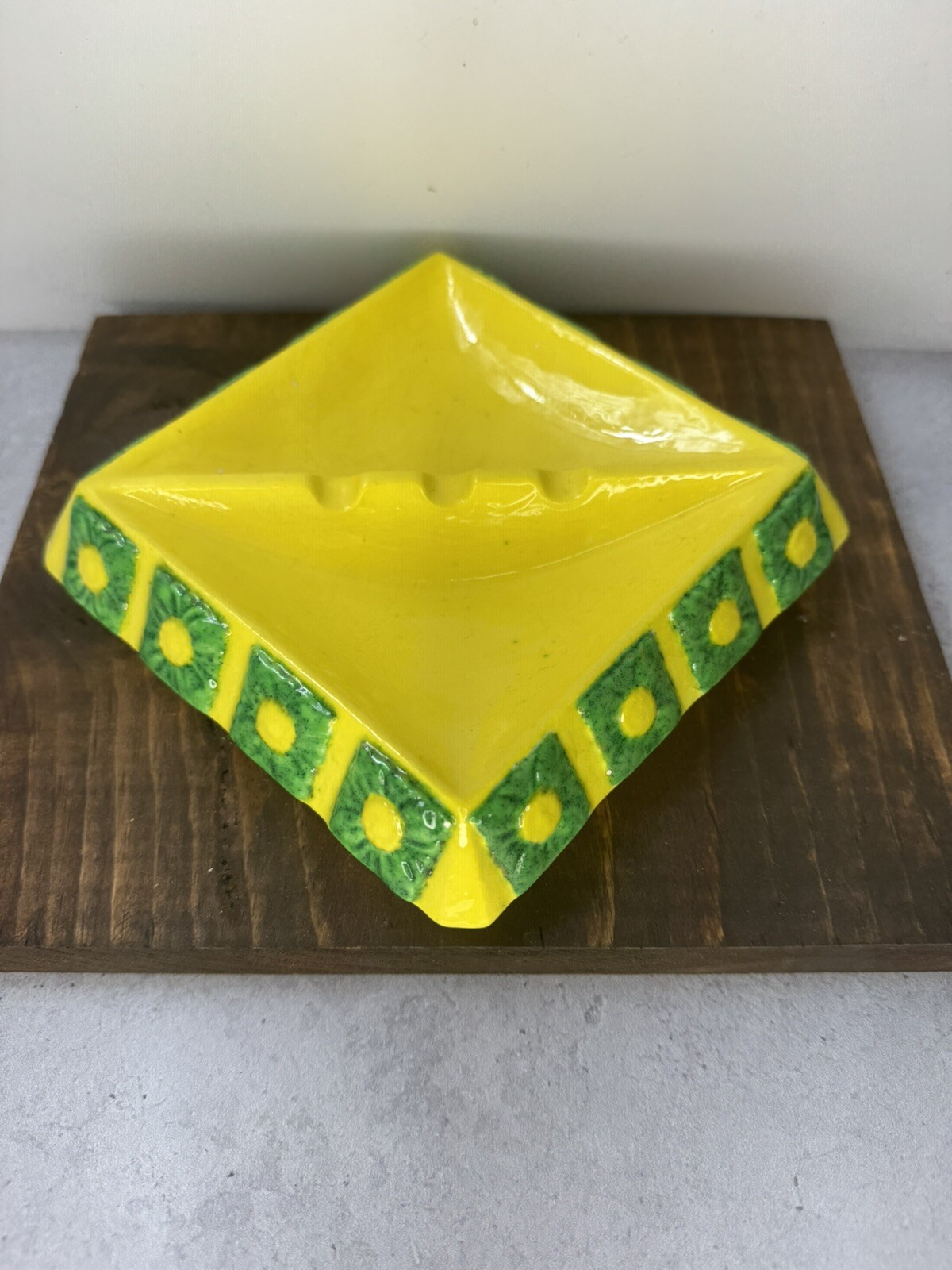 Vintage MCM handcrafted square ceramic daisy flower ashtray studio pottery