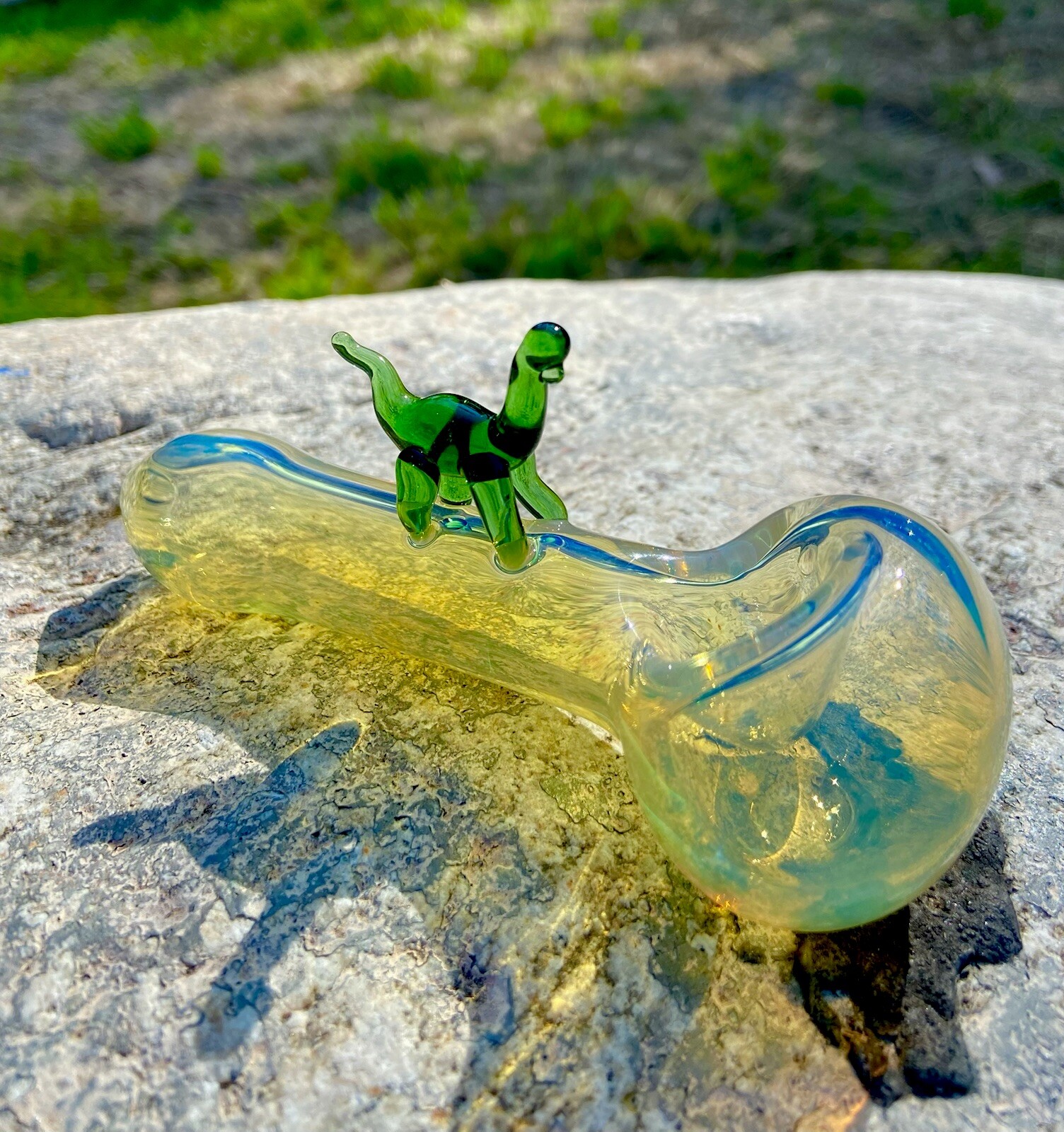 Green Dinosaur Tobacco Smoking Glass Pipe(handmade)Silver Fumed.