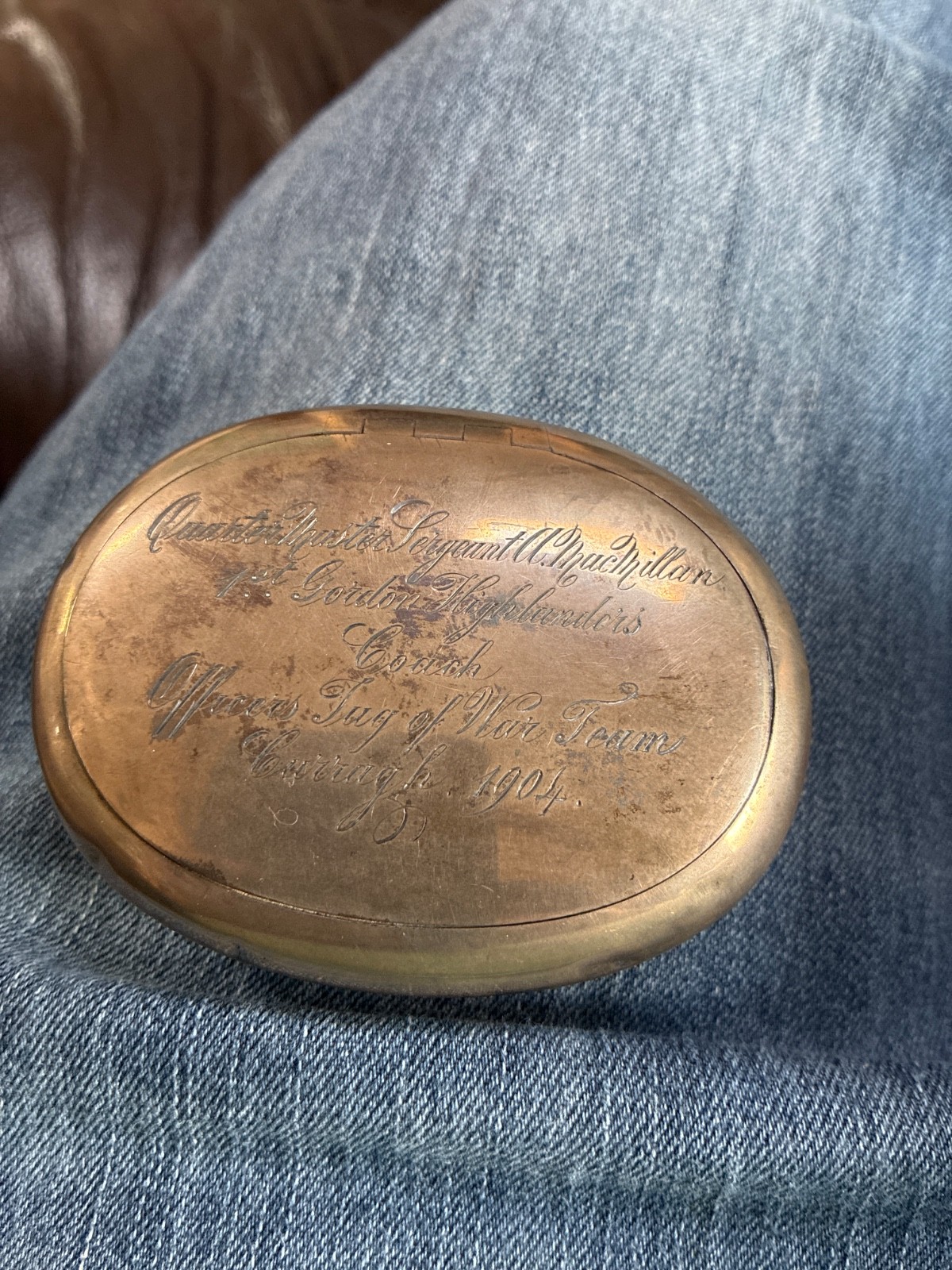 an antique brass snuff box or tobacco box,