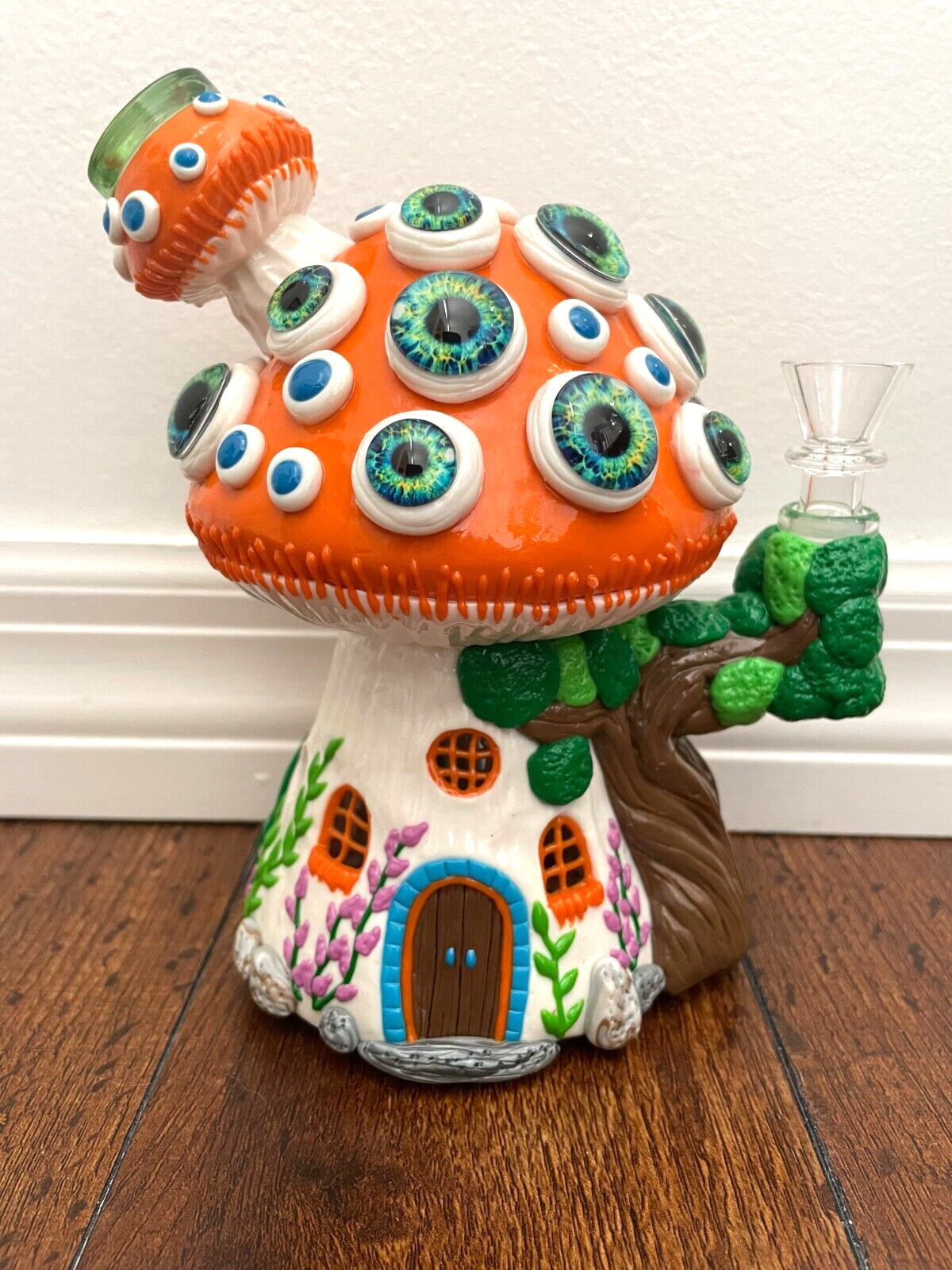 7.5” Premium Glass Water Pipe Art Orange Mushroom Eye Hut Glow in Dark 14mm
