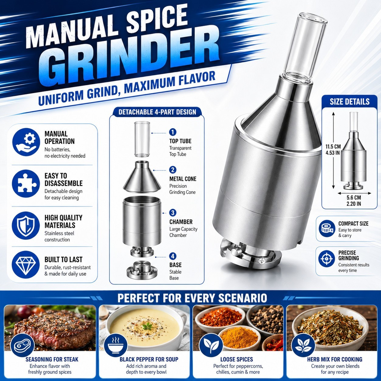 56mm Big Hand Metal Spice Grinder Manual Crank Powder Mill Food Funnel Holder XL
