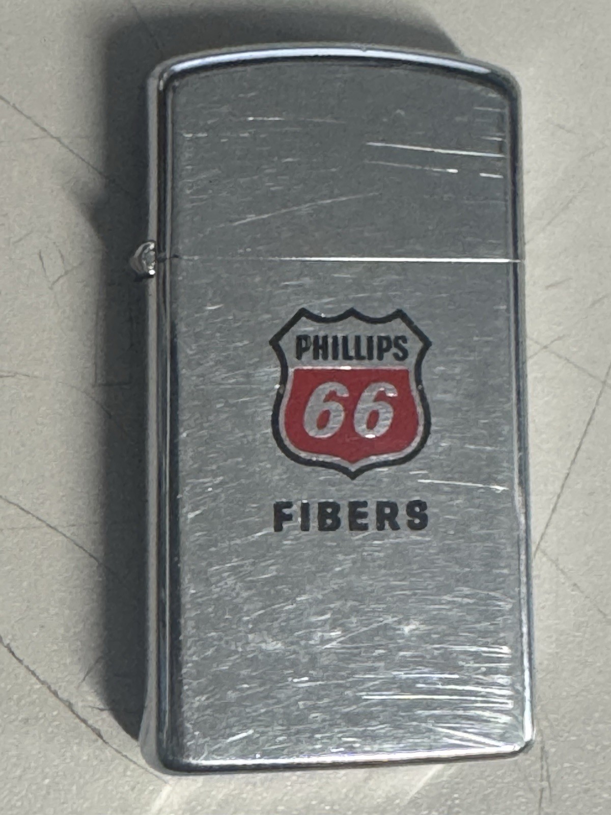 ZIPPO 1973 SLIM PHILIPS 66 FIBERS POLISHED CHROME LIGHTER U212