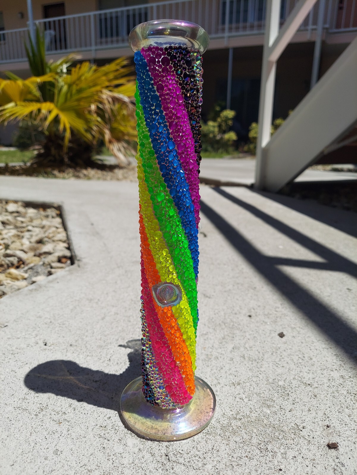 Neon Rainbow Rhinestone embellished water pipe vase glass 12″