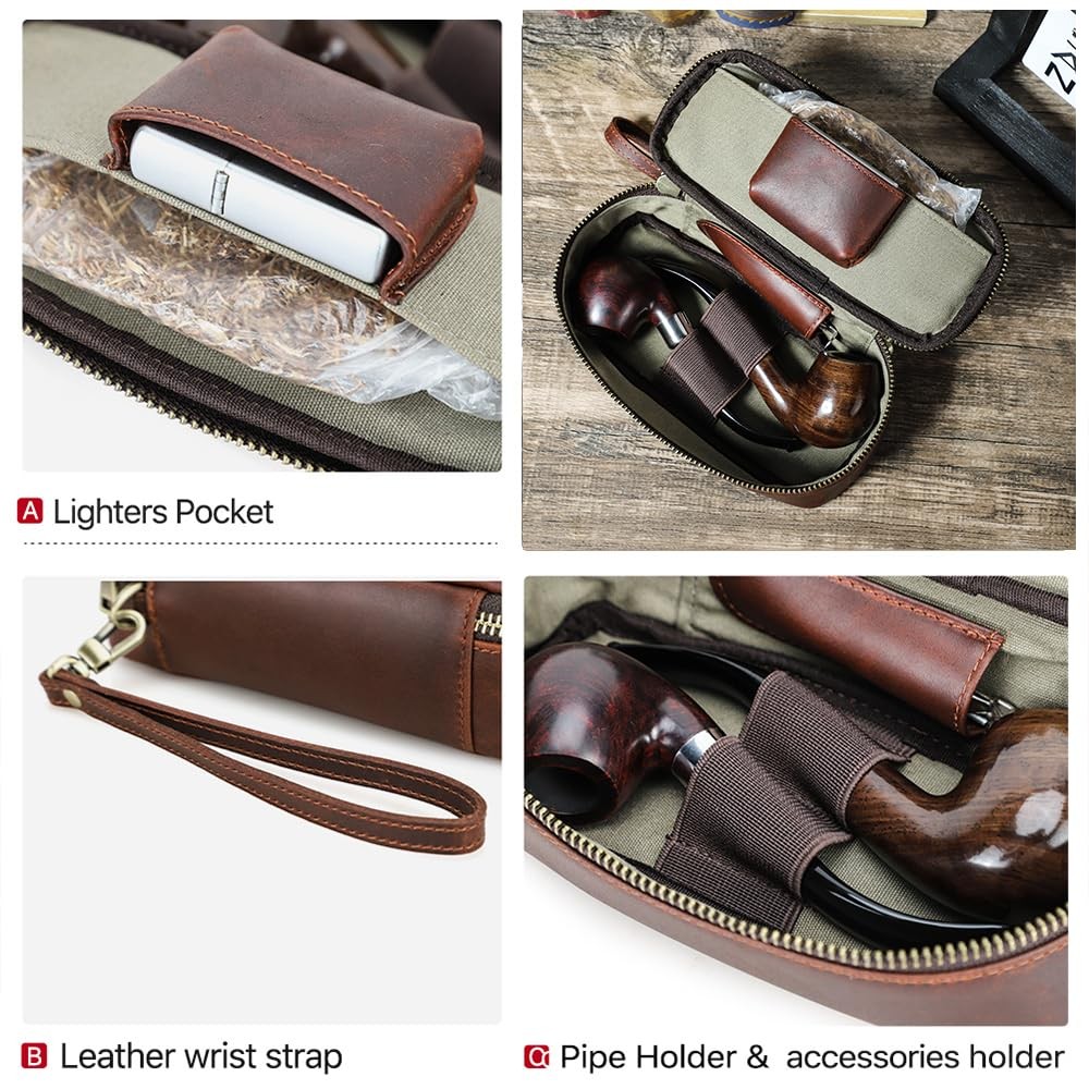 CONTACTS Full Grain Leather Small Pipe for 2 Pipes, Red Brown-for 2 Pipes