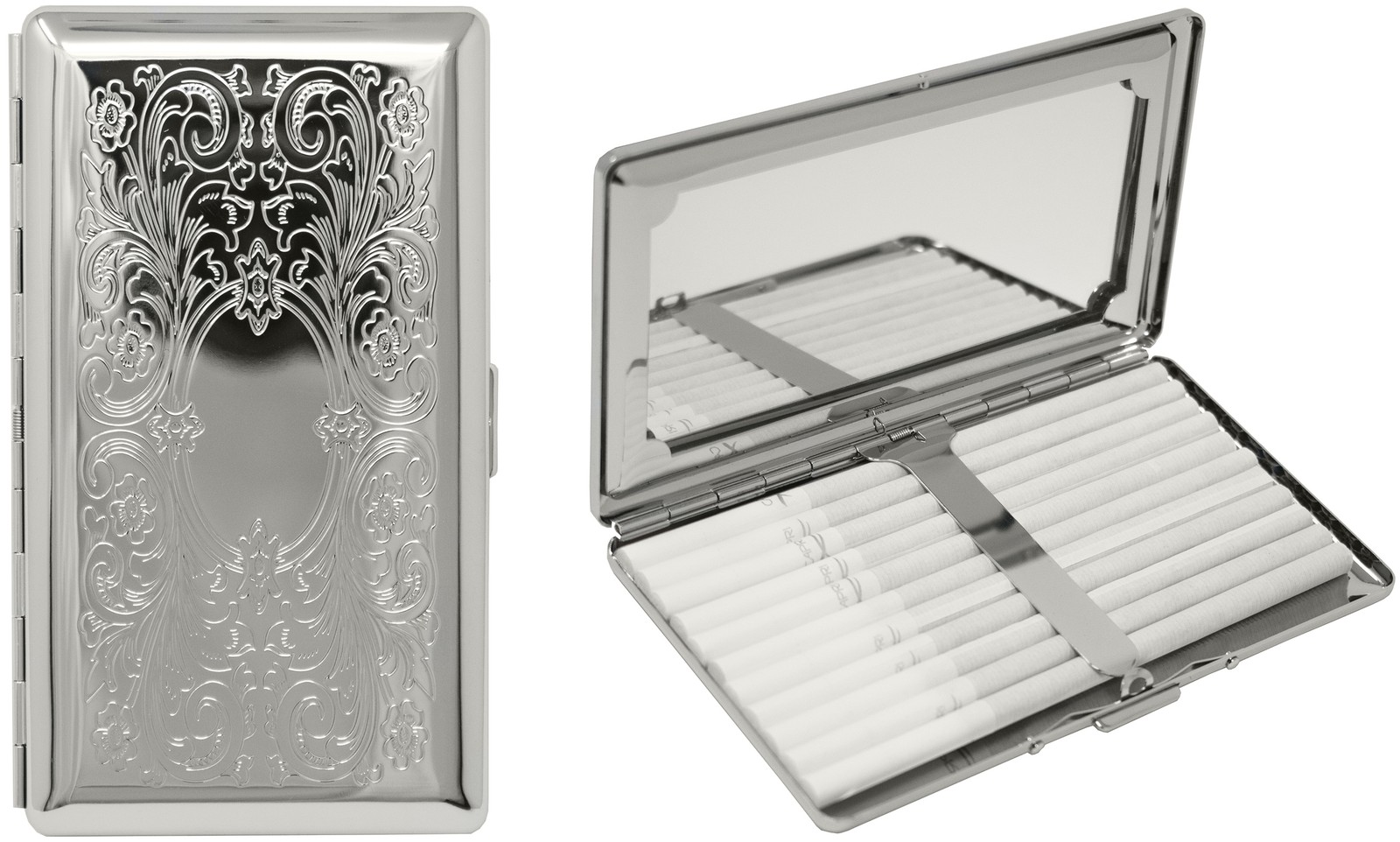 Set of 2 Compact 120mm Cigarette Case With Mirror (Silver Victorian Scroll)