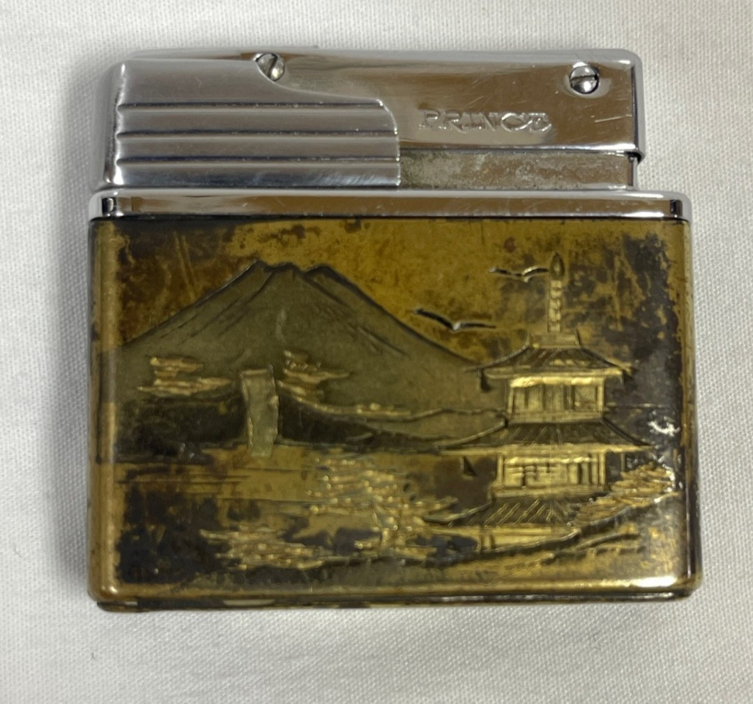 Vintage Prince Lighter Japan Mt Fuji Pagoda Engraved w/ Original Case Untested