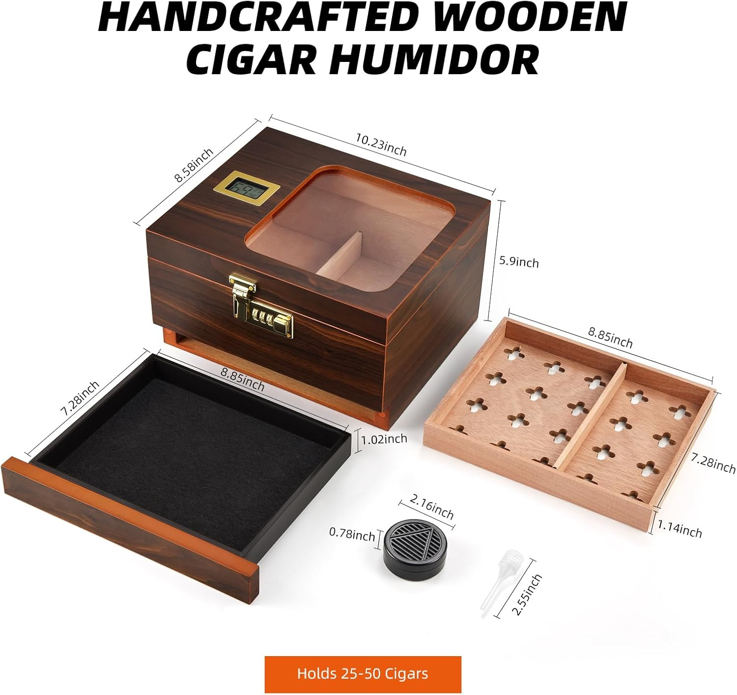 Cigar Humidor, Handcrafted Cedar Cigar Box, Glass Top Desktop Humidor with Di…