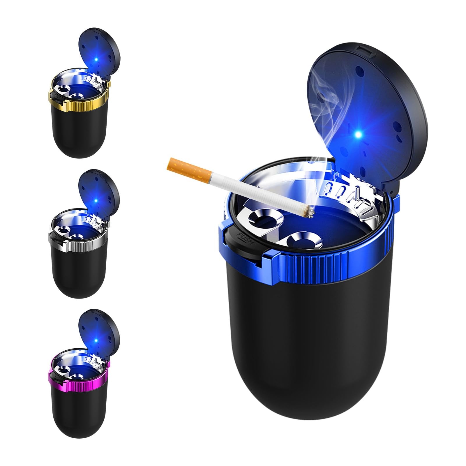 Car ashtray, detachable, stainless steel, smokeless with blue LED light