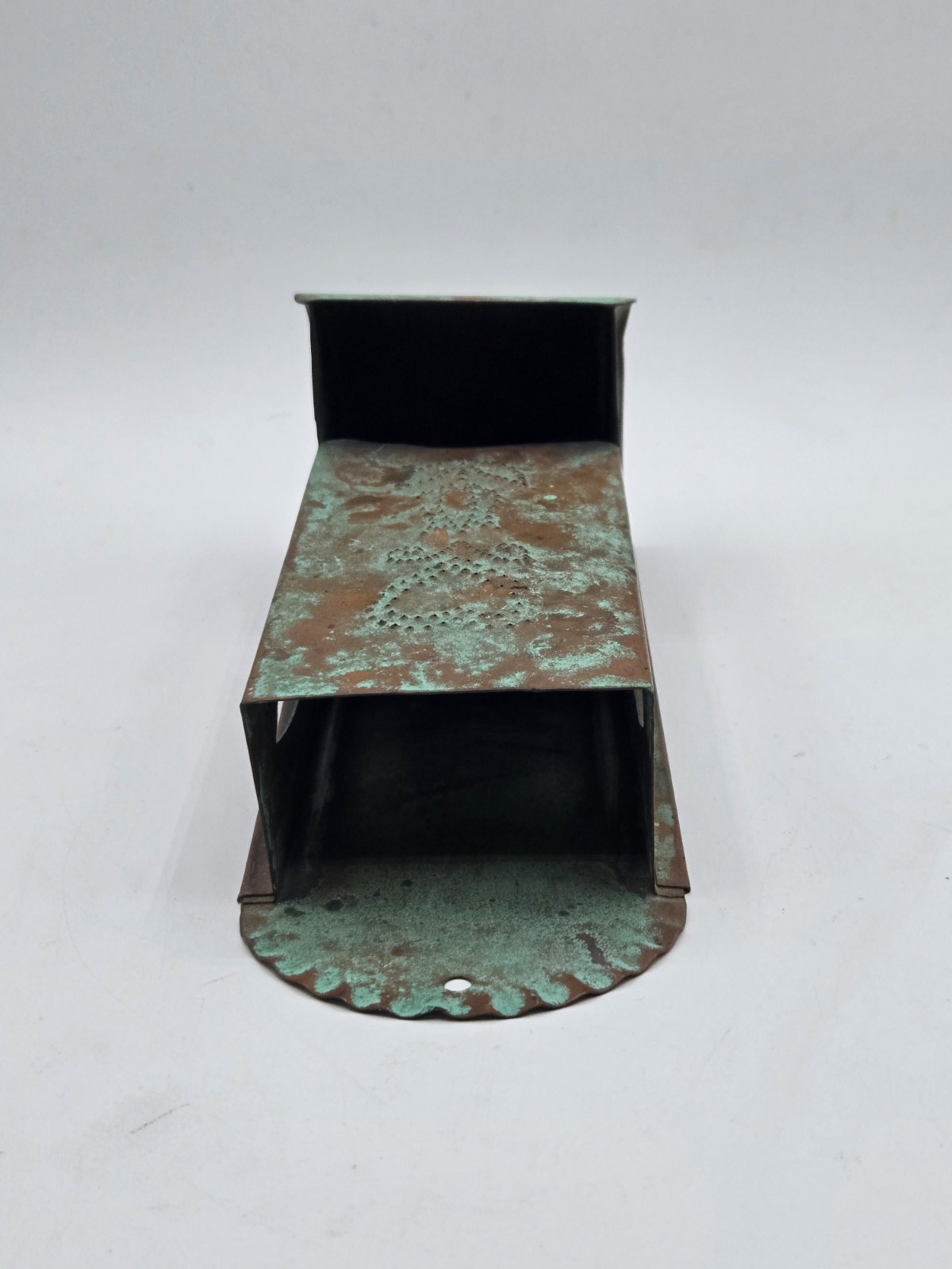Copper Wall Mounted Match Stick Holder Green Patina Heart & Tulip Punched Design