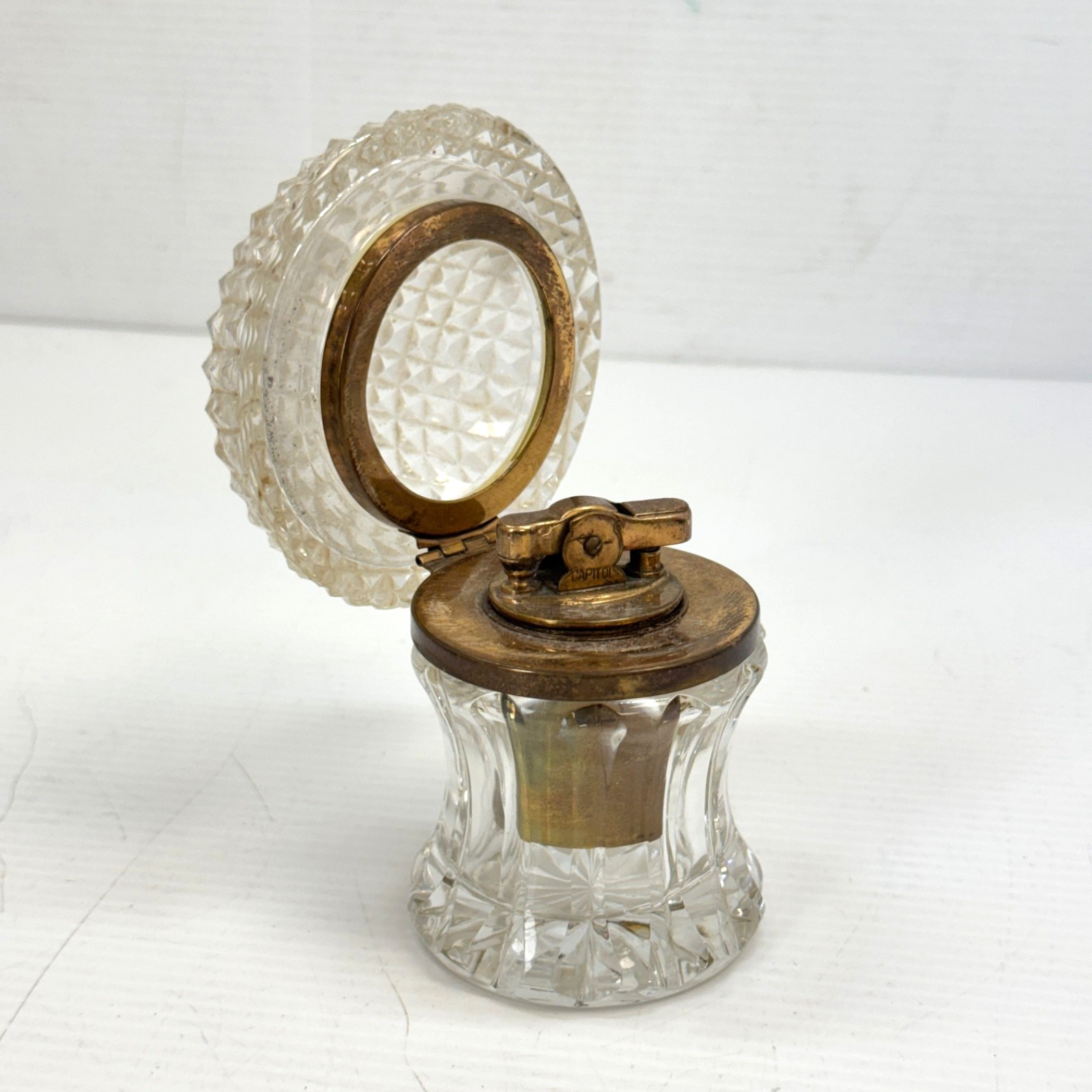 Vintage Capitol Crystal Table Lighter Cut Glass Lift Top Cigarette Lighter