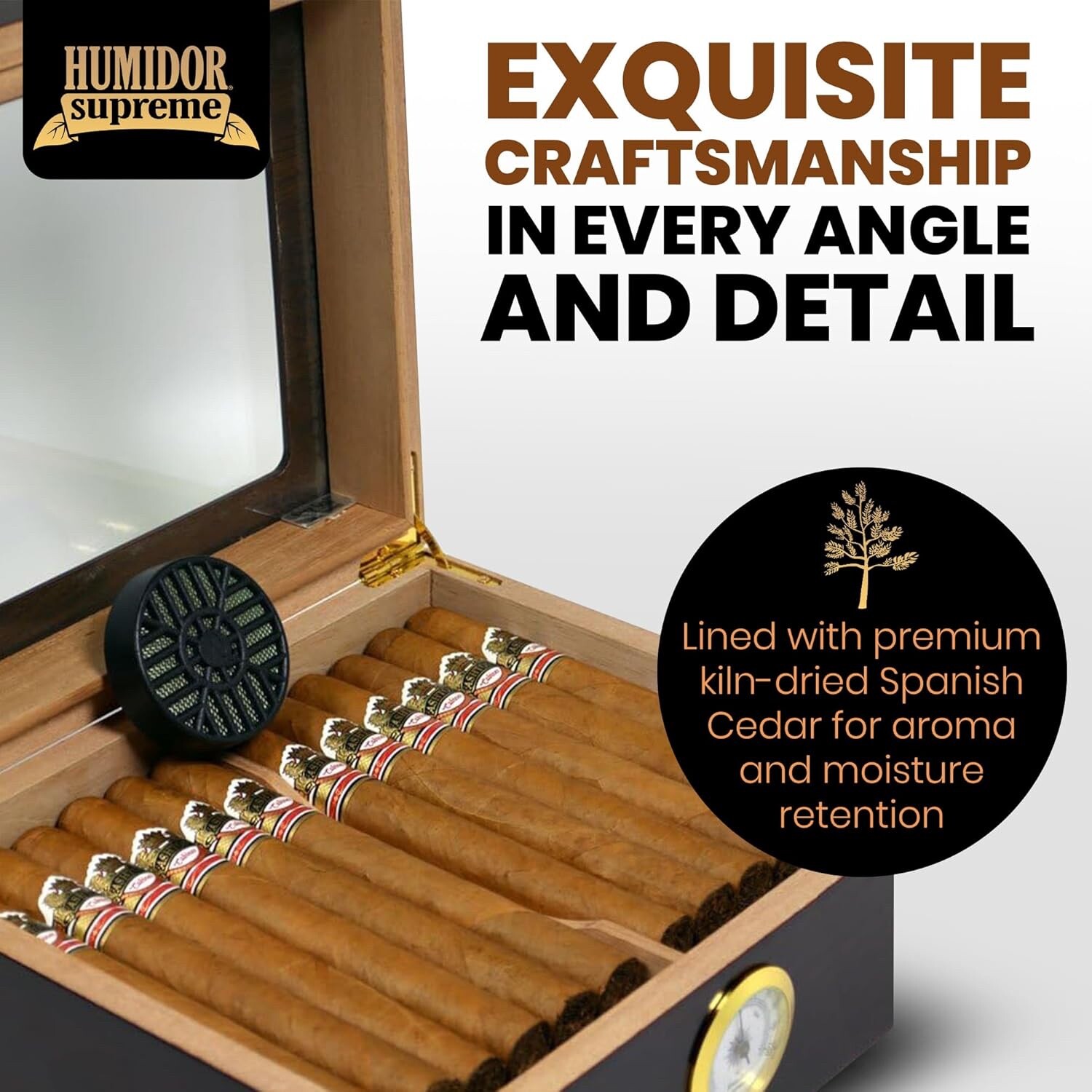 Humidor Supreme Small Cigar Humidor Wood Box, Capri with Glass top-Cedar Divider