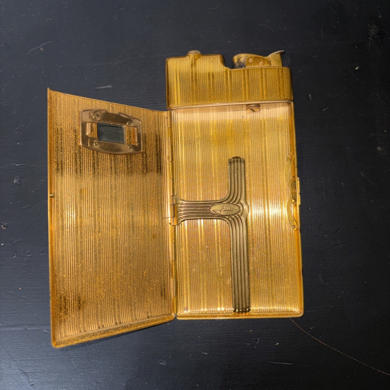 Vintage Evans Gold Tone Ribbed Cigarette Case Lighter 7×3.5 Sparks Art Deco