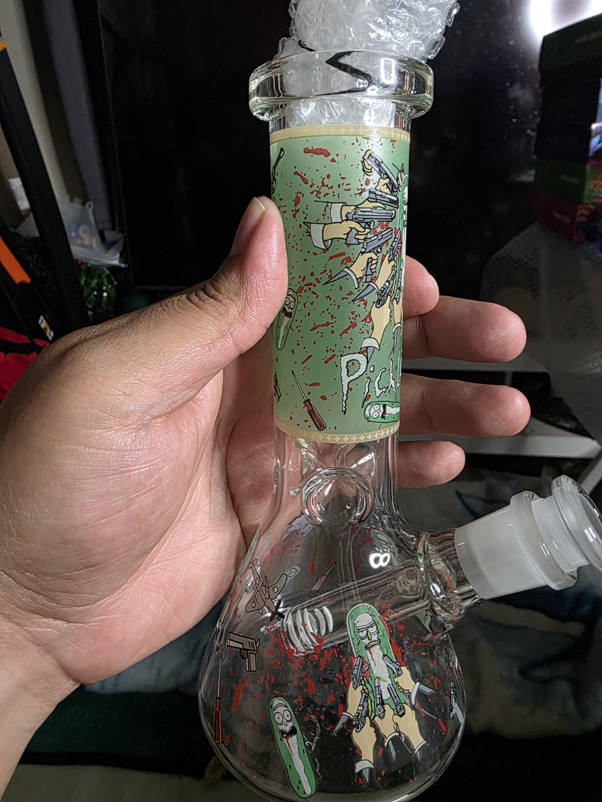 8″ Glow in the Dark pickle Rick Water pipe with ice catcher