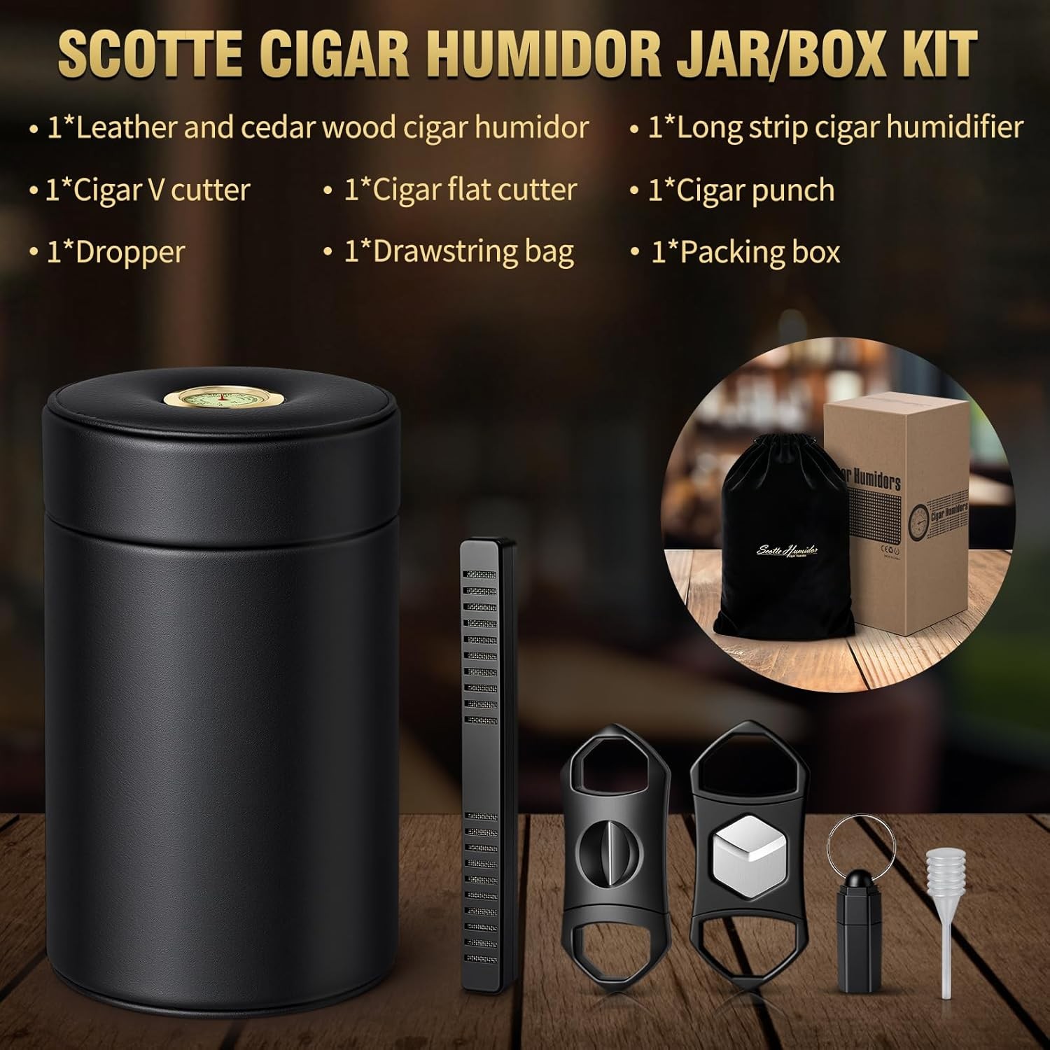Scotte Cigar humidor case/jar,Leather Cedar Wood Cigar Canister Portable for 12-