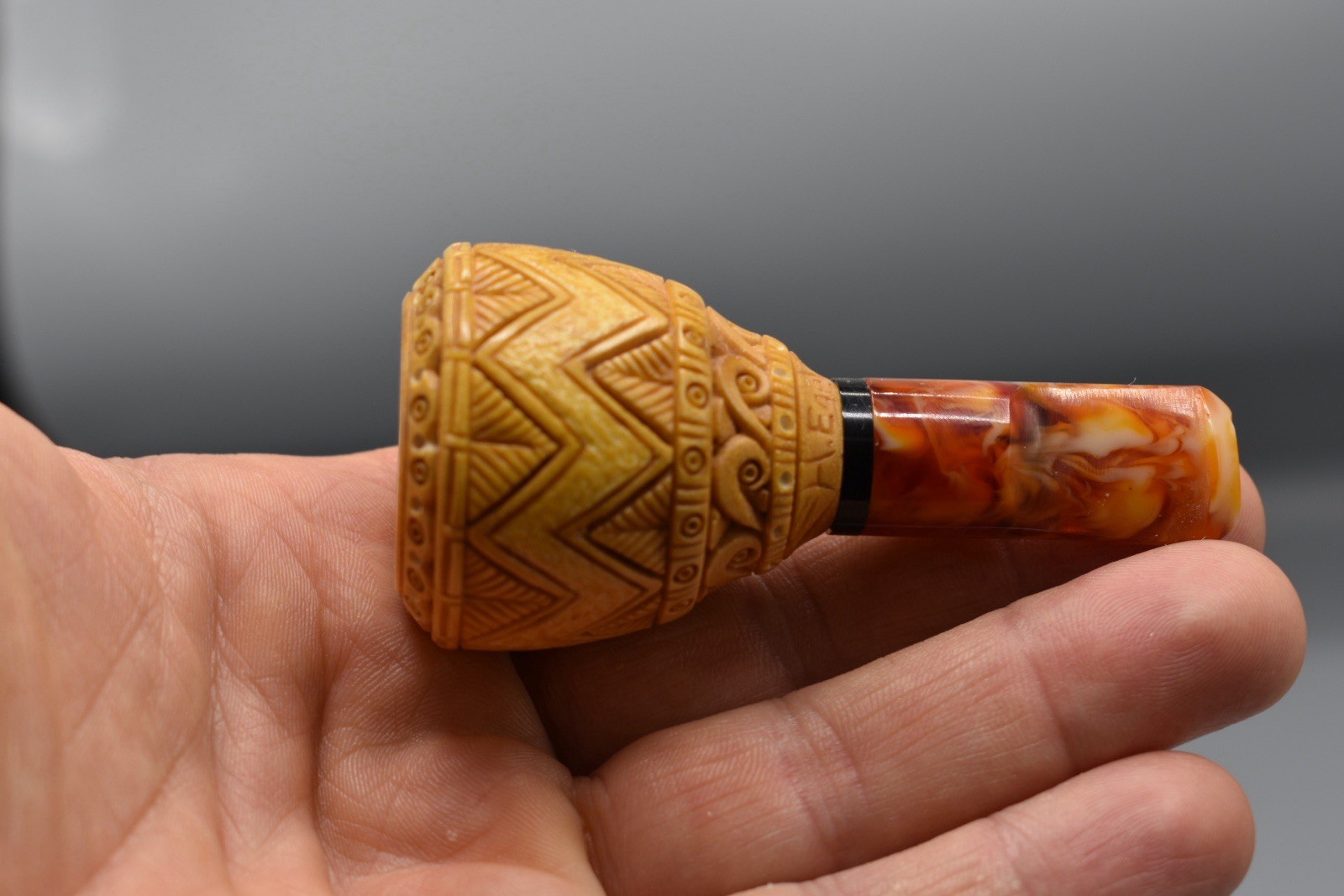 Ornate BLOCK MEERSCHAUM CIGAR HOLDER HANDMADE 24 MM ,58-60 Ring Size W Case#352