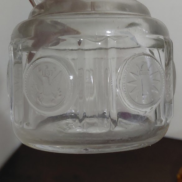 2ct Vintage Fostoria Crystal Glass Frosted Coin Clear Cruet & Amber Nappy