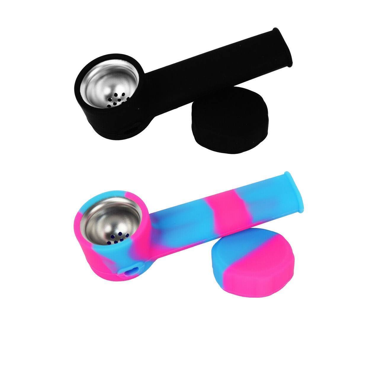2PCS *Black+Pink Blue SILICONE SMOKING PIPE 4″ With Lid Stainless Steel Screen