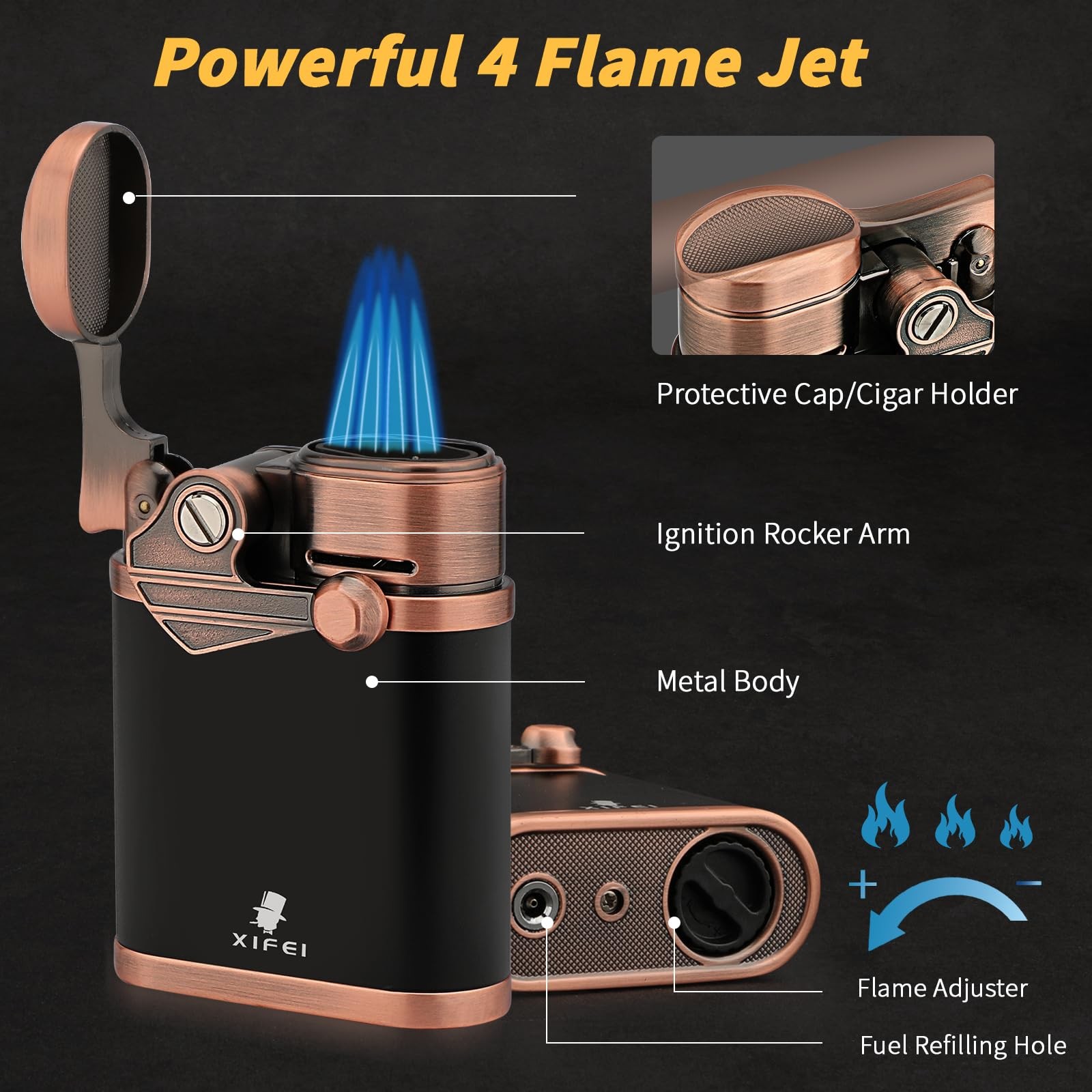 XIFEI Cigar Lighter 4 Jet Flame Torch with Holder, Bronze