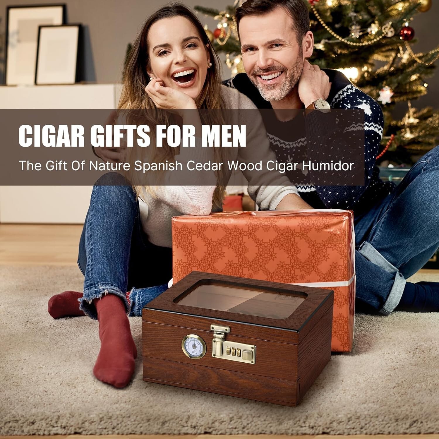Cigar Humidor, Cedar Wood Humidor Cigar Box Combination Lock, Gift for men
