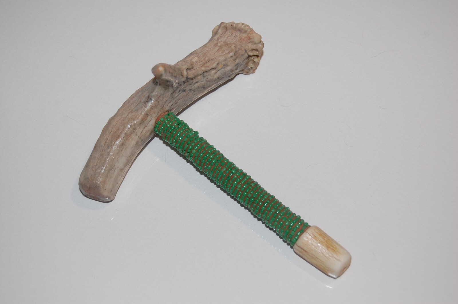 Real Deer Antler Smoking Pipe Seed Beads wrapped around the stem 6″ Long X 5 1/4