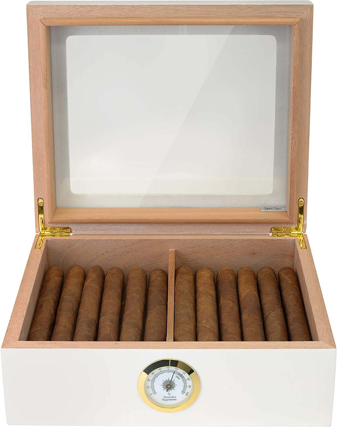 Desktop Humidor, Capri, Tempered Glasstop, Spanish Cedar, 25 to 50 Cigars White