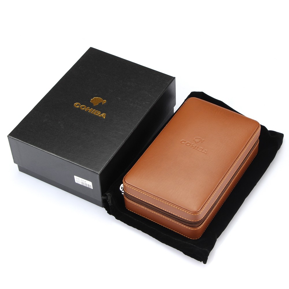 Travel Cedar Cigar Humidor Wood Box Leather Humidor Box 4 Cigars Cutter Lighter